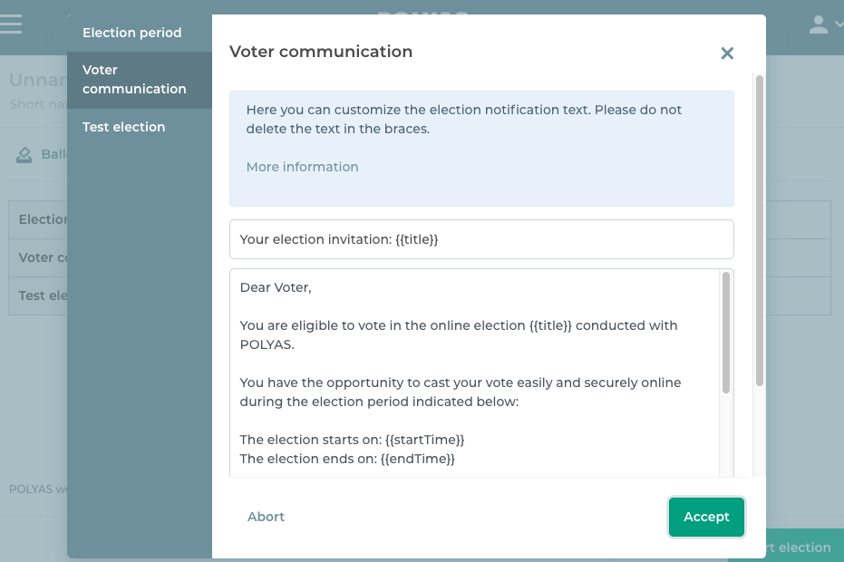 The texts in the election invitation can be customized The texts in the election invitation can be customized