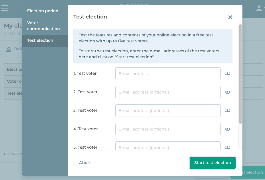 Carry out your test election and send emails with the online voting manager